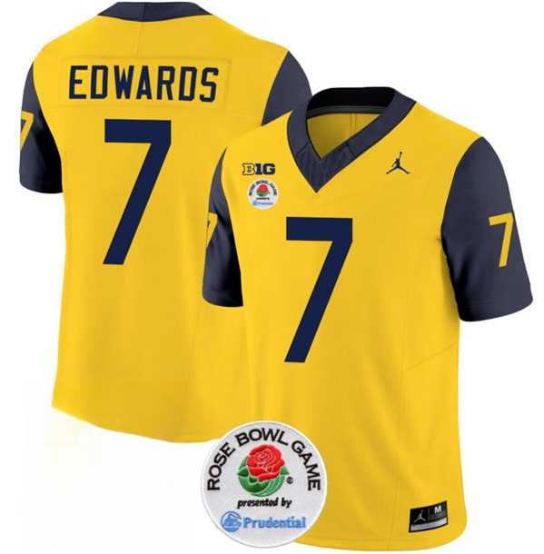 Men's Michigan Wolverines #7 Donovan Edwards 2023 F.U.S.E. Yellow Navy Rose Bowl Patch Stitched Jersey Dzhi
